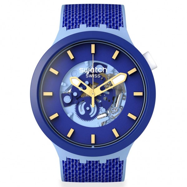 SWATCH Bouncing Blue SB05N105 Bioceramic Case-Two Tone Silicone/Fabric Strap
