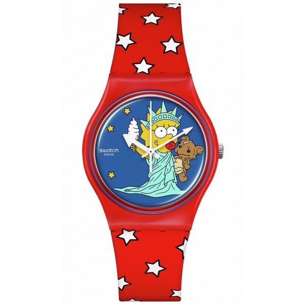 SWATCH Little Lady Liberty SO28Z120 Bioceramic Case - Red Silicone Strap