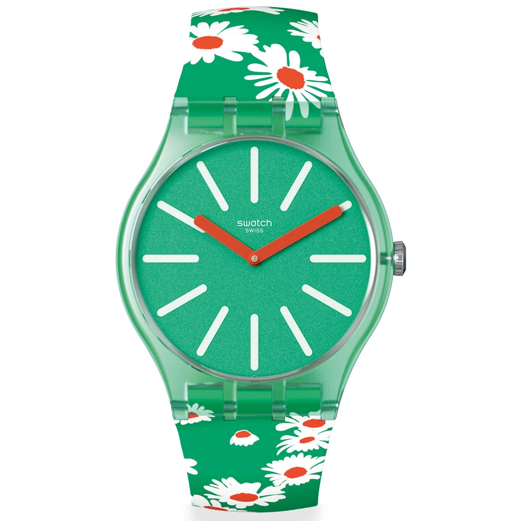 SWATCH Meadow Flowers SO29G104 Bioceramic Case-Green Silicone Strap